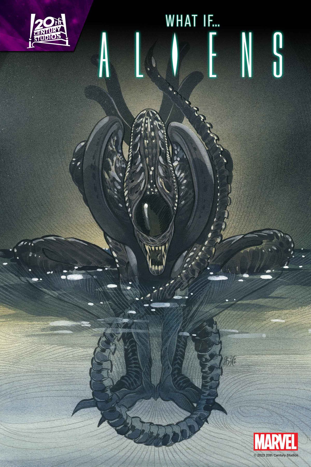 A xenomorph crouching in the water.