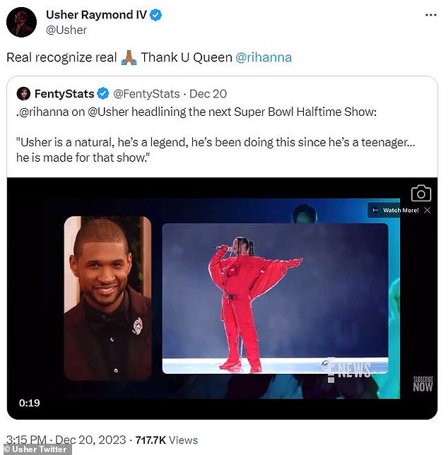 The artist – whose appointment as headliner of the show received a mixed reception from fans – also wrote a short message of his own to the Umbrella singer, who he described as a 'queen', saying that 'real recognize real'.