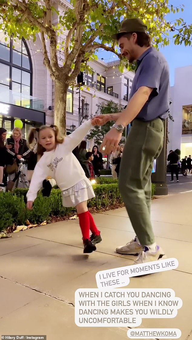 In one of her clips, the musician danced with his eldest daughter Banks, five, and she wrote a sweet message thanking him for the time spent with his daughters 'while I know dancing makes you extremely uncomfortable'