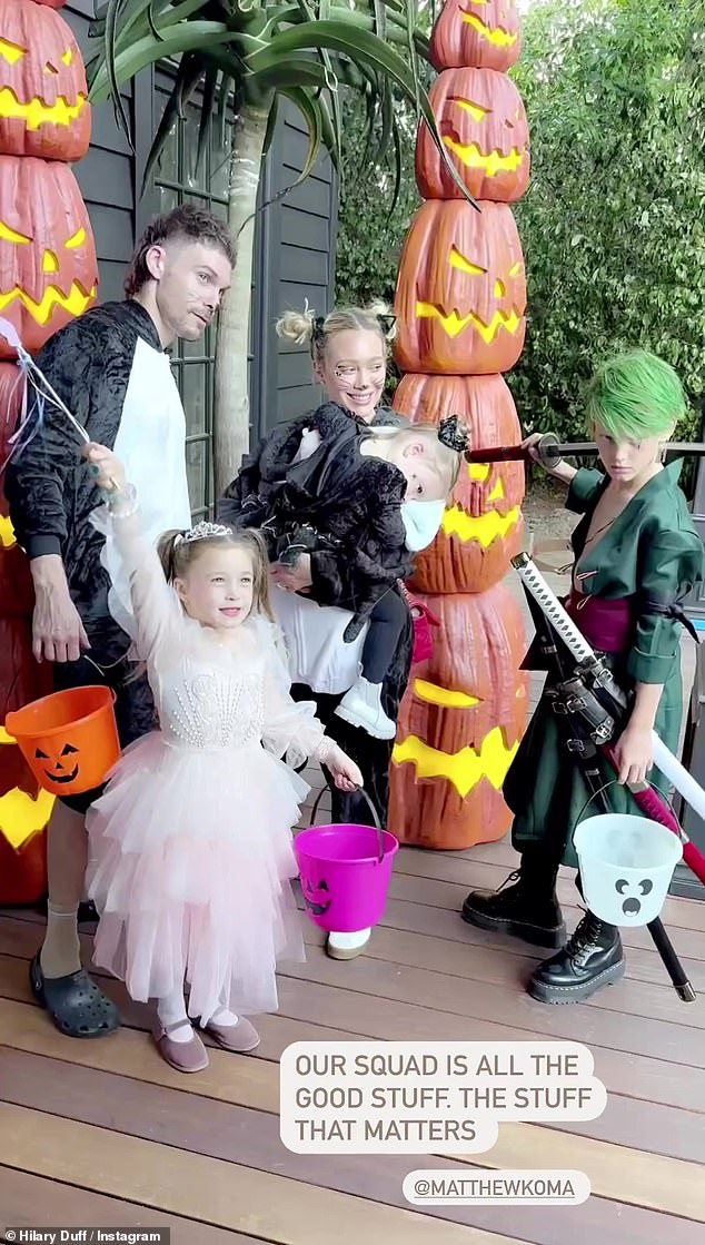 Duff's penultimate clip showed her and Koma spending time with their daughters, as well as her son Luca, 11, during what appeared to be a Halloween party