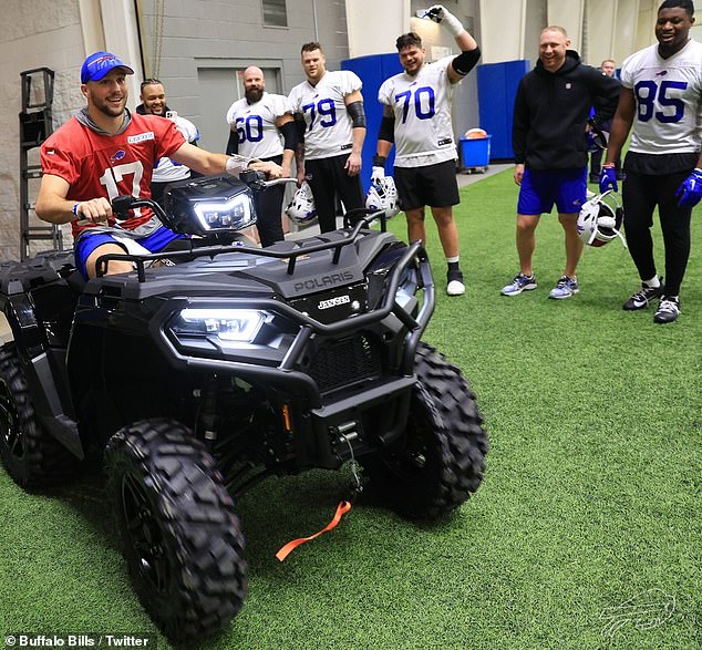 Allen gave his new gift a test drive around the practice field as teammates looked on