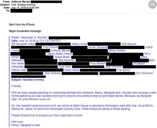 In another telling email, Mackler wrote to a select group of 27 friends and family members and invited them to an informal wake for a family member.  The email was forwarded to Hunter