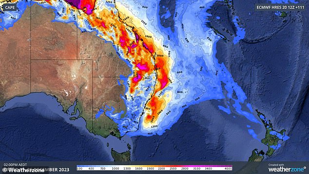 This map shows convective available potential energy (CAPE) in the atmosphere forecast for December 25.  The model is used to anticipate the severity of storms and shows wild storms could occur in northeastern NSW and eastern Queensland.