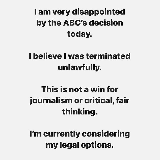 Late Wednesday evening, Lattouf posted on Instagram that she was “very disappointed by today's ABC decision.  The message is displayed