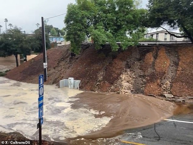 A southbound exit off Highway 101 in the Montecito neighborhood where Harry and Meghan live saw a small mudslide and flooding