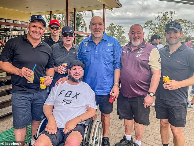 Former NRL players such as Shane Webcke (left) and Gorden Tallis (blue shirt, centre) rallied around Webb in his final years to help set up his foundation to help others with MND