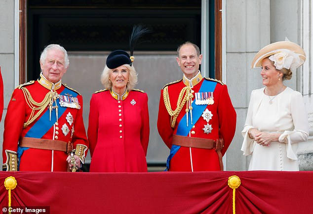 The King, Queen, Duke and Duchess of Sussex at this year's Trooping the Color.  Edward and Sophie are now key figures in the running of the monarchy