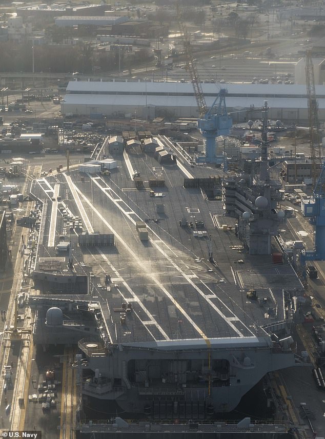 Before his unexpected death, Collins had been a pipe fitter at the Norfolk Naval Shipyard for the past twelve years.  The USS George HW Bush was pictured at the Norfolk Naval Shipyard in 2019