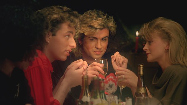 A scene from the video for Wham!'s eternal Christmas single Last Christmas.  The song is favorite to be named UK Christmas Number 1