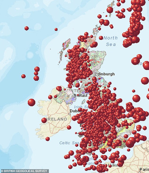 The UK actually experiences around 200 to 400 earthquakes every year.  On this map, every earthquake from 2000 to 2020 is shown with a red circle, the size of which indicates its magnitude.