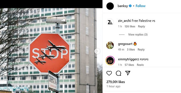 The artist confirmed on Instagram shortly after noon today that the piece – a road sign covered with three military drones – was his