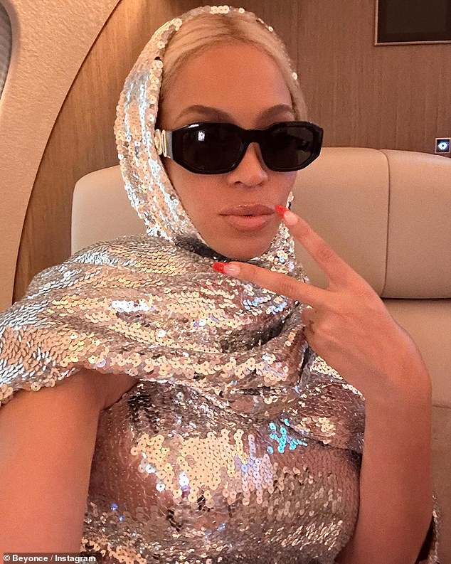 To round out the slideshow, Beyoncé shared a selfie she took on her jet that showed her wearing sunglasses and giving a peace sign