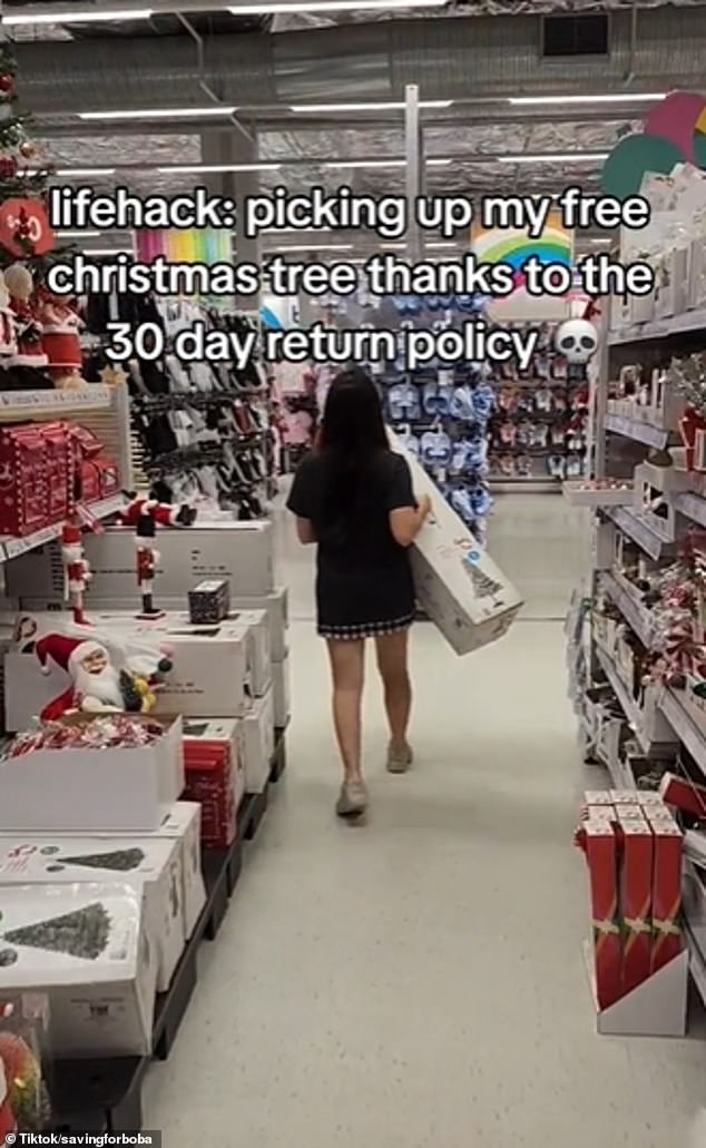 Mai is seen grabbing a tree and happily running to the cash register, walking out without a care in the world, knowing that she is going to trick the store by returning it used after December.