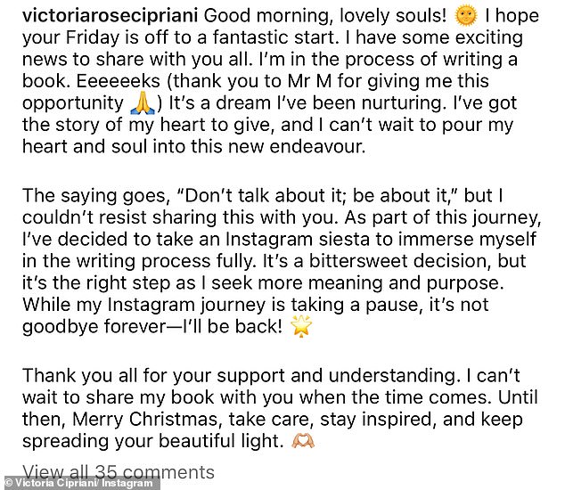 She wrote on Instagram: 'Good morning, dear souls!  I hope you had a fantastic start to Friday.  I have exciting news to share with you all.”