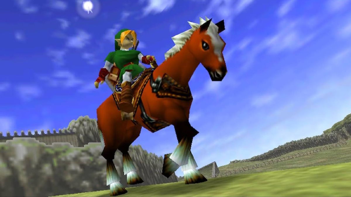 A polygonal Link rides his horse Epona in Legend of Zelda: Ocarina of Time