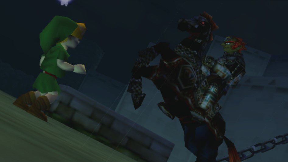 A child Link takes on the evil redhead Ganondorf, riding a bucking horse, in Zelda: Ocarina of Time