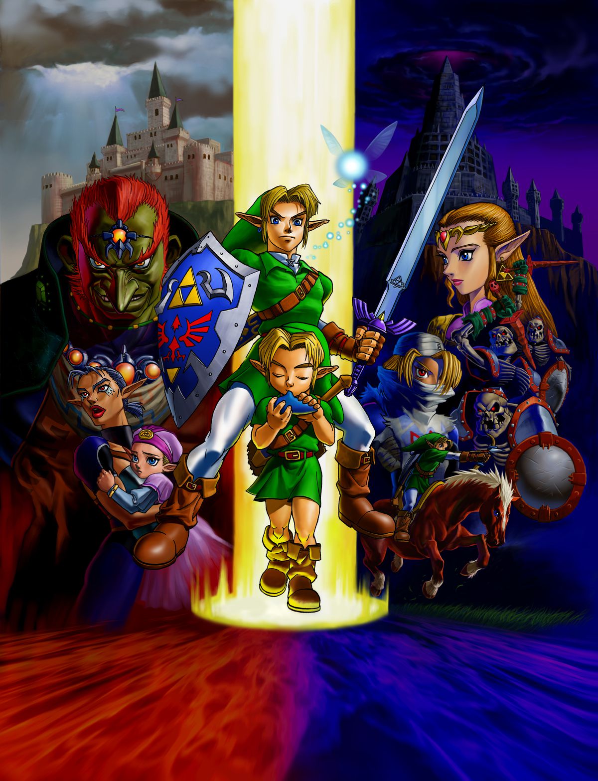 Artwork featuring all the main characters from Zelda: Ocarina of Time, including Link for both children and adults in the center. 