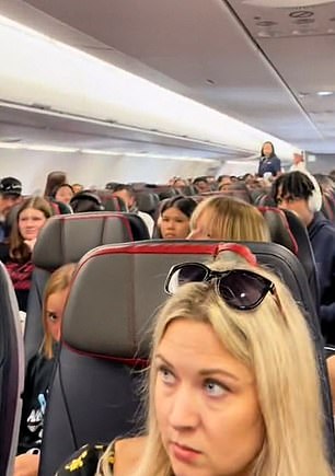 Passengers turned their heads as she appeared to point towards the back of the plane while talking about a man who 'wasn't real'