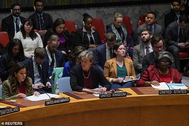 The United Arab Emirates Ambassador to the United Nations, Lana Zaki Nusseibeh, speaks on voting day at the United Nations Security Council, at UN Headquarters in New York, USA, December 22, 2023