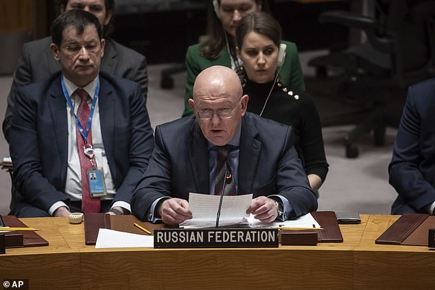 Russian Permanent Representative to the UN Vassily Nebenzia speaks during the Security Council meeting at United Nations Headquarters, Friday, December 22, 2023