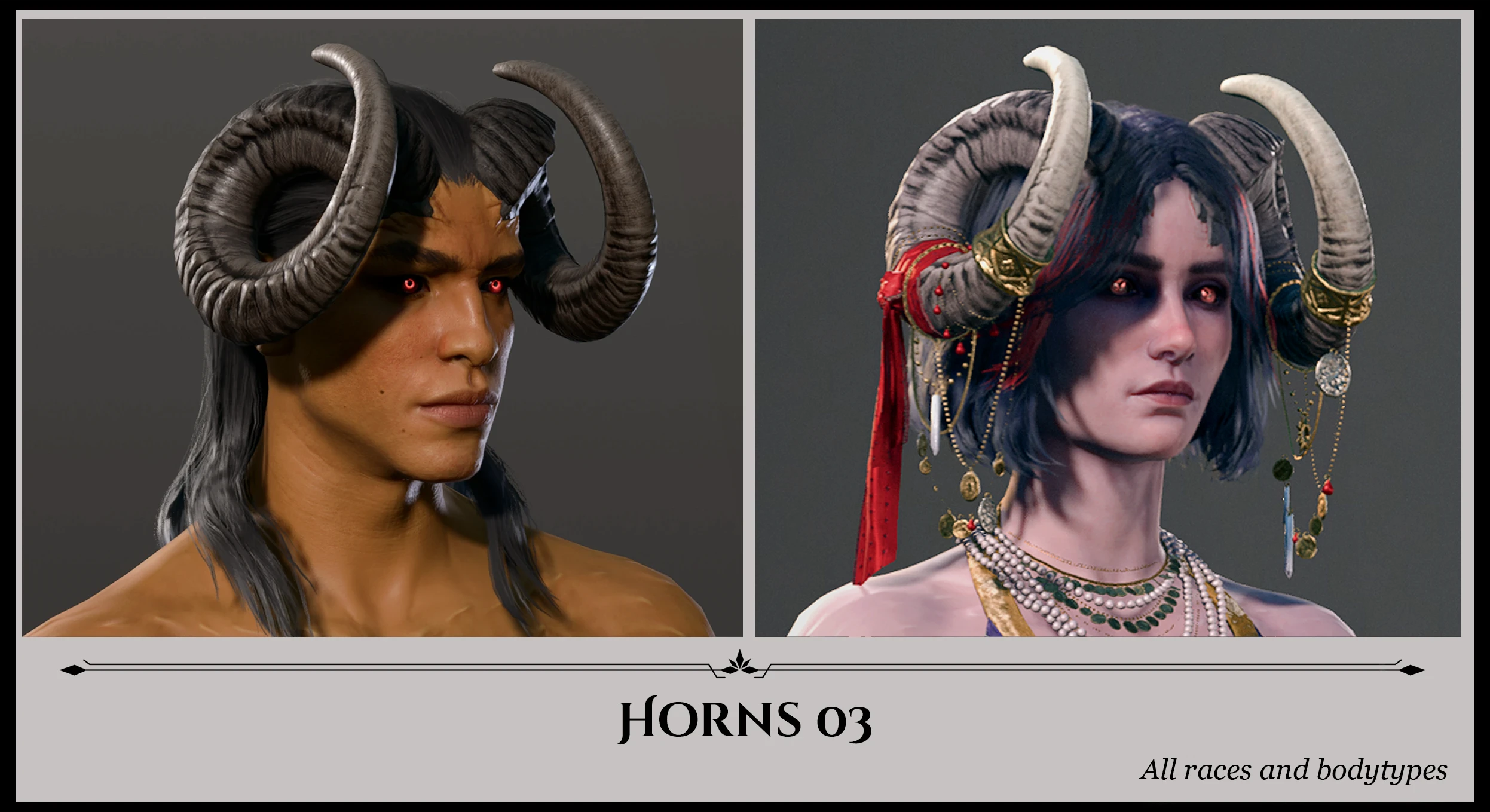 Headshots of two Baldur's Gate 3 characters, with ram-like horns, courtesy of the Horns of Faerun mod.