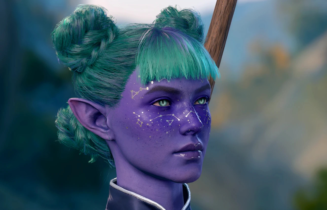 A portrait photo of a purple-skinned woman in Baldur's Gate 3. They have silver constellation tattoos on their faces, courtesy of the CovenElf's Tattoo and Makeup Collection mod.