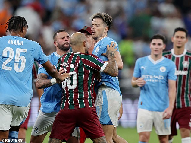 Jack Grealish (centre) was the man who ultimately pulled Walker out of the situation, with Melo still seeing red