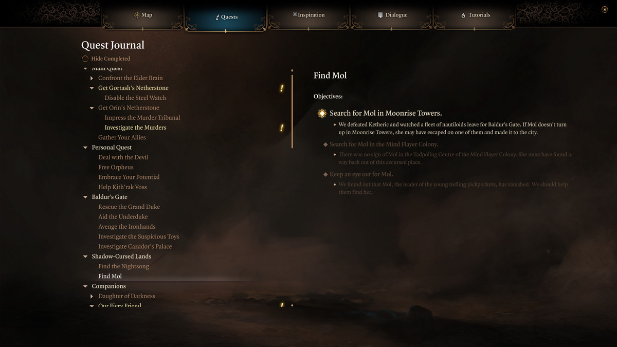The quest log shows the quest “Find Mole” in Baldur's Gate 3