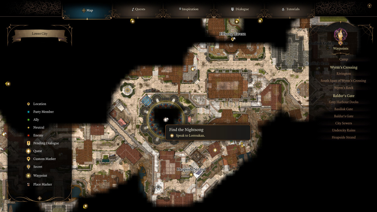 A map of the Lower City in Baldur's Gate 3