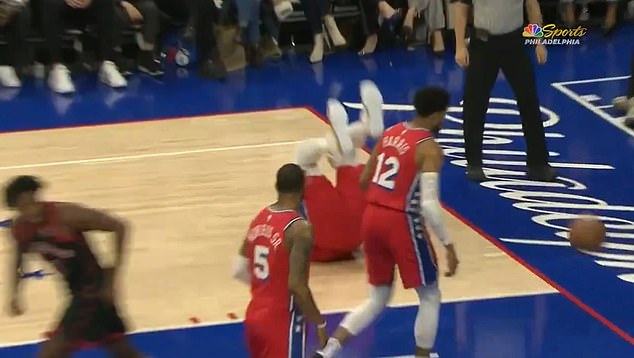 The reigning NBA MVP stumbled noticeably and occasionally winced after falling