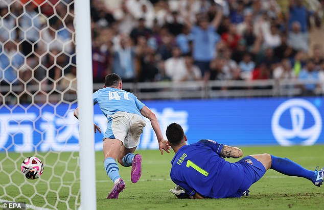 Foden drove away in celebration after grabbing City's third goal in the 72nd minute