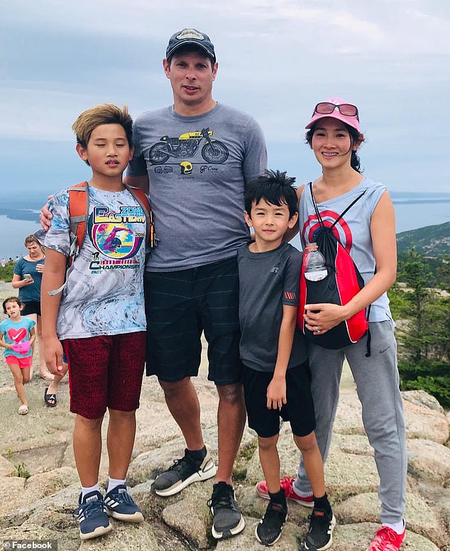 Trinh Nguyen pictured with her two murdered sons and her ex-husband Ed Tini.  Nguyen revealed how a week earlier she wrote a note describing what she wanted to do with the children's ashes