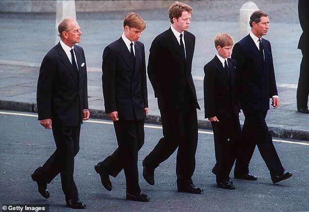 Prince Philip, The Duke of Edinburgh, Prince William, Earl Spencer, Prince Harry and Prince Charles, The Prince of Wales follow the coffin of Diana, Princess of Wales in 1997