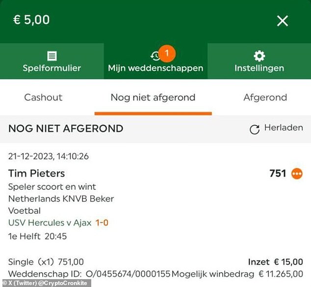 All 12 of Pieters' housemates placed this bet that he would score and that USV Hercules would win