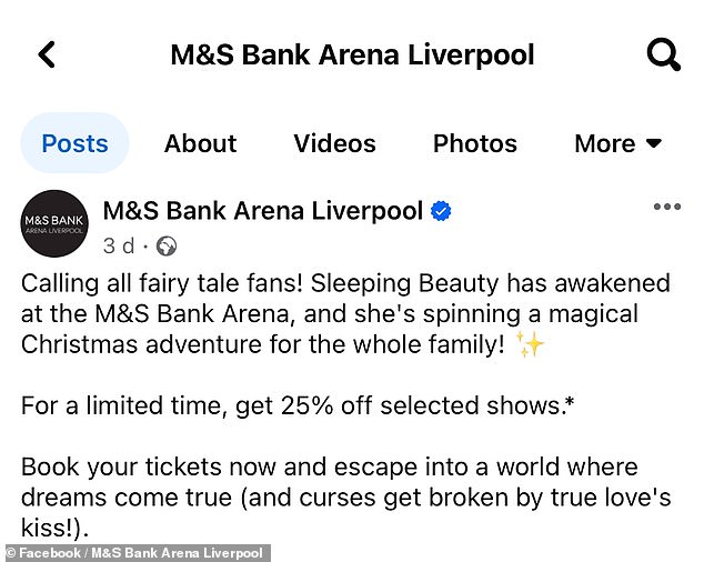 Liverpool's M&S Bank Arena, where the panto is being held, is offering a 25 per cent discount on Sleeping Beauty tickets amid the drama