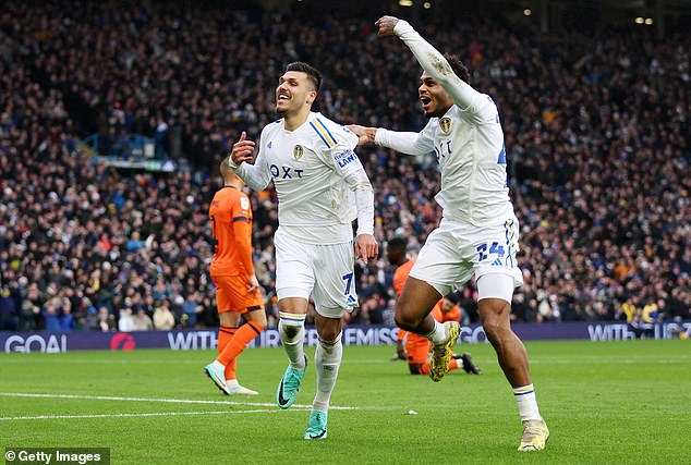 Joel Piroe celebrates after scoring the fourth goal of the match at Elland Road on Saturday