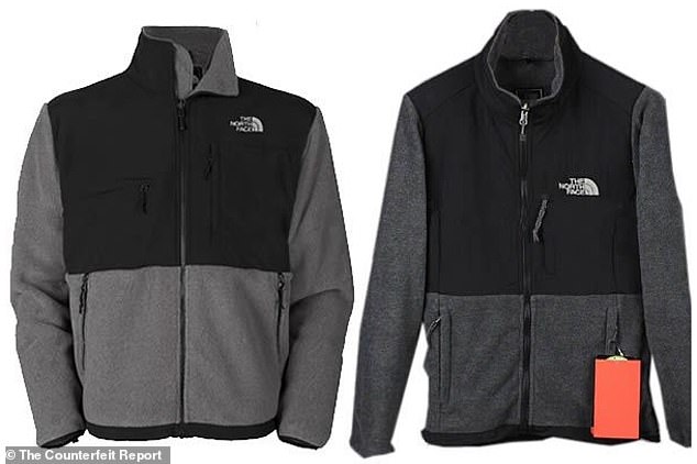 Pictured on the left is a genuine North Face jacket, while the product on the right is a fake product advertised at $29