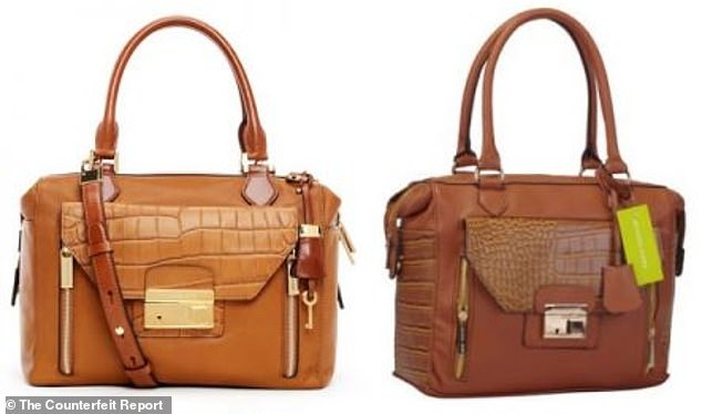 An authentic Michael Kors Gia Crocodile Satchel is pictured on the left, while a fake is pictured on the right.