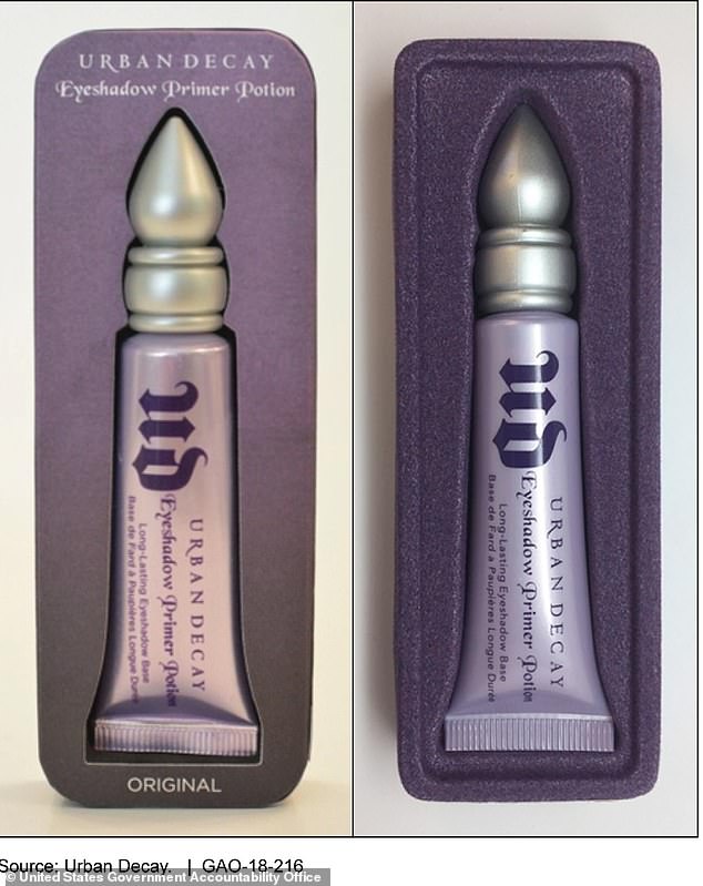 A 2018 federal study shows the difference between a real Urban Decay product, left, and a fake version sold online