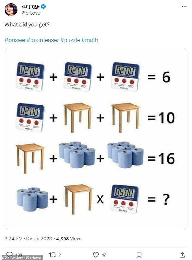 Emmy, known as @brixwe on X, shared a puzzling brainteaser alongside the caption: "What did you get?" - generating over 100 different guesses from sharp critical thinkers