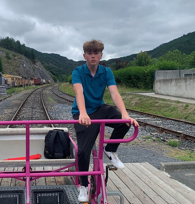 The photos, obtained exclusively by MailOnline, come from Frederic Hambye and Ingrid Beauve, owners of a French farm called Gite de la Bastide.  Alex is pictured here cycling