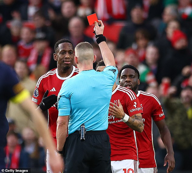 Forest defender WIlly Boly was controversially sent off in the 23rd minute of the match