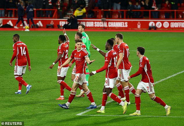 Forest players celebrate after Anthony Elanga's goal put them ahead against Bournemouth