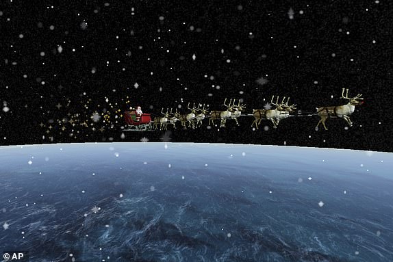 This image from NORAD shows NORAD's Santa Tracker.  Armed with radars, sensors and aircraft, NORAD in Colorado keeps a close eye on Santa and his sleigh from the moment he leaves the North Pole.  And it will once again share all these details so everyone can follow along as Santa Claus travels the world starting Christmas Eve, Sunday, December 24, 2023. (NORAD via AP)