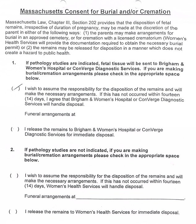 A copy of the Massachusetts Consent for Burial and/or Cremation Form that parents sign