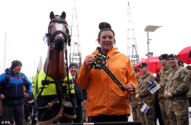 Mrs Webb crossed the finish line at the International Horse Show at ExCel London this afternoon on the eighteenth day of her colossal trek from Chepstow in Monmouthshire, Wales