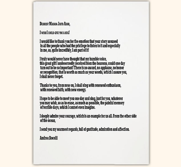 Bocelli was moved by Adar's admission that she had sung his songs in her head while held captive by Hamas terrorists in Gaza for 49 days, and wrote her a letter in response.