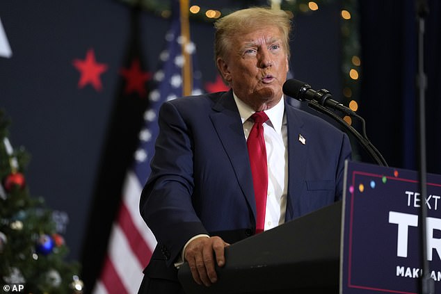 Former President Donald Trump speaks during a commit to caucus meeting, Tuesday, December 19, 2023