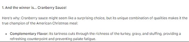 The Gemini Pro was asked to choose the best dishes for the Christmas meal, explaining the choices and providing more details about the winner