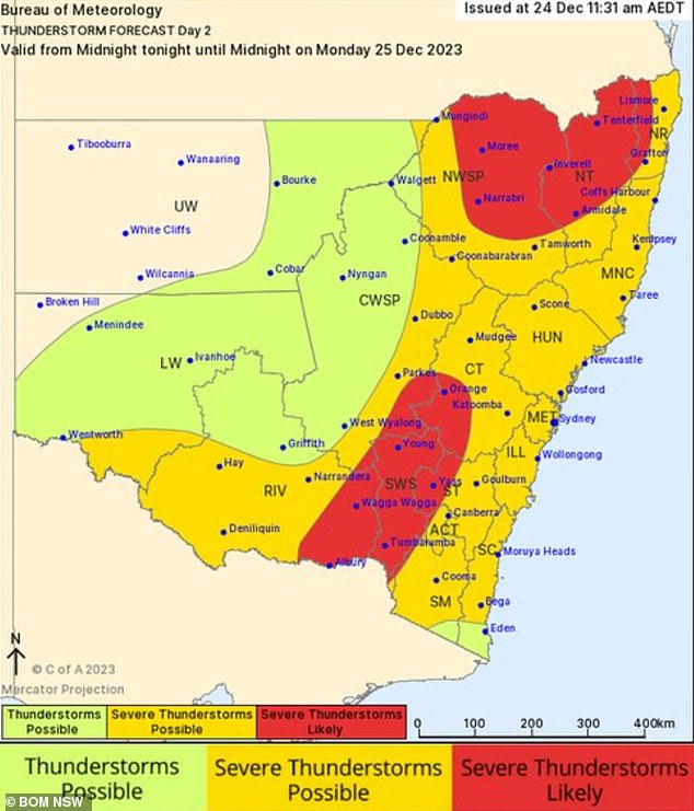 NSW SES has warned those hitting the road on Christmas Day to remain vigilant as the Bureau of Meteorology predicts storms will continue until Monday (pictured)